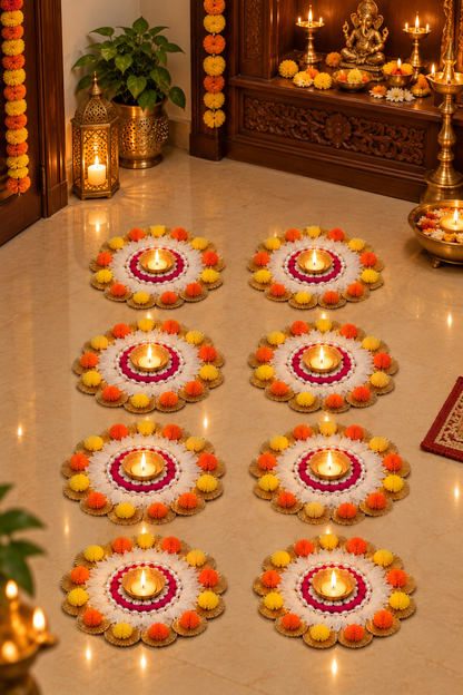 Rangotsav Shubhdeep 8 floral diya mats aerial view – grid arrangement of multicolour rangoli mats for Diwali venue and home décor | Craft Decor