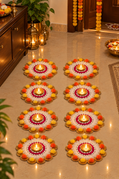 Rangotsav Shubhdeep floral diya rangoli set of 8 – multicolour orange yellow red green mats with lit diyas in grand marble lobby | Craft Decor