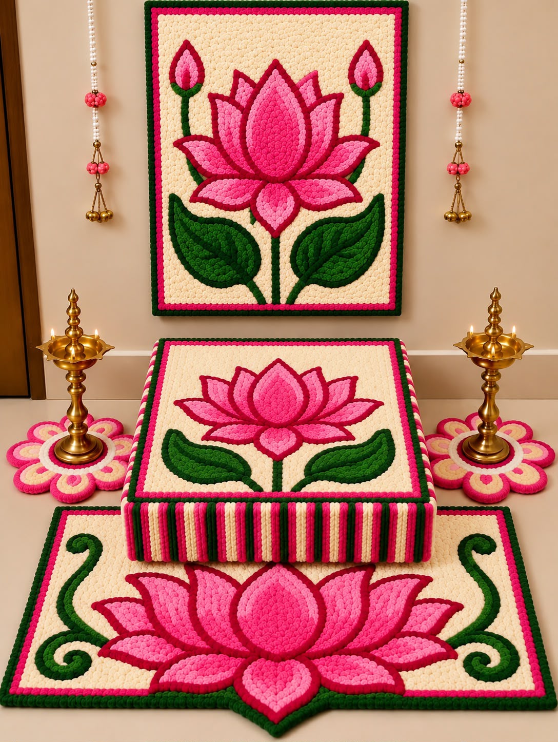Kamal Mandap complete 5-piece lotus mandir decoration set – fur yarn backdrop, chowki cover, floor & side mats | Craft Decor