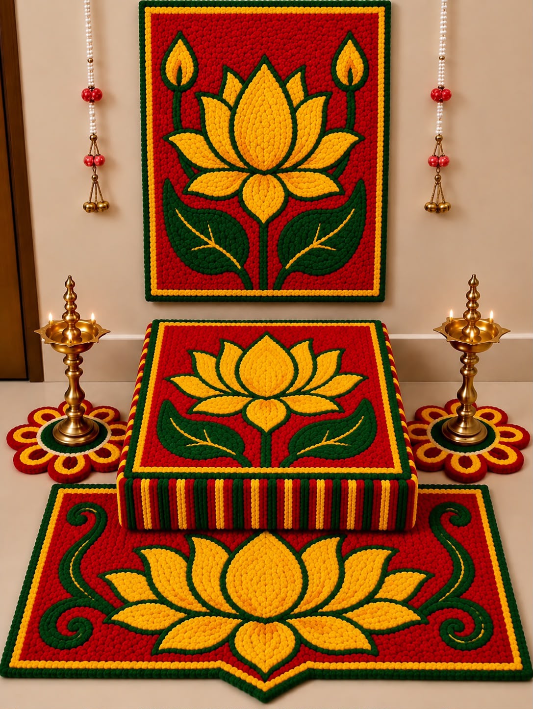 Kamal Mandap Yellow/Pink fur yarn lotus puja set – complete mandir decoration backdrop & chowki cover | Craft Decor