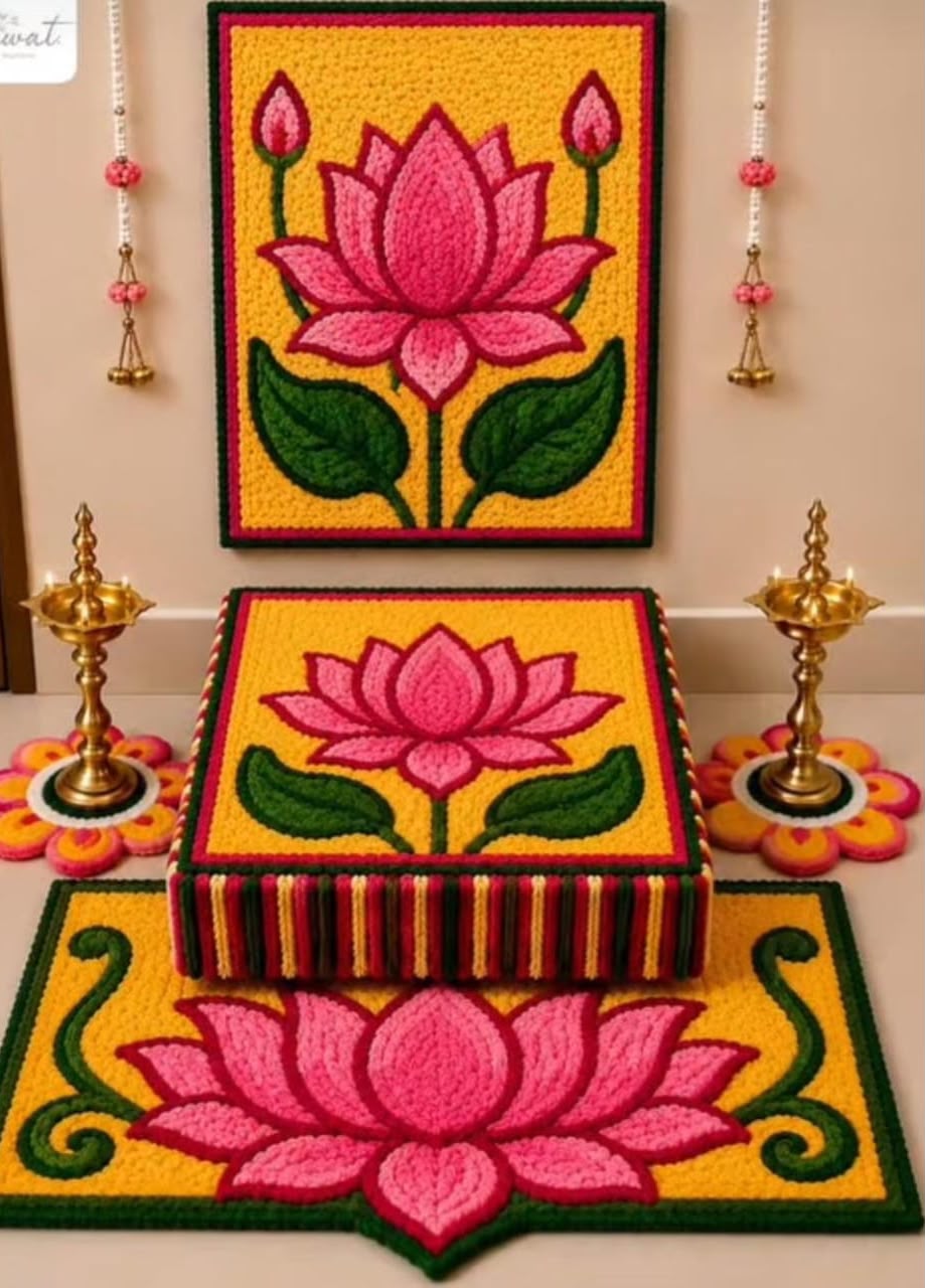 Kamal Mandap Red/Yellow lotus mandir set – fur yarn backdrop with chowki cover & floor mat for Diwali puja | Craft Decor