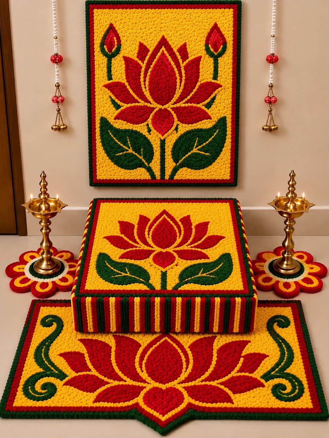 Kamal Mandap Pink/Yellow complete lotus puja decoration set – 5 fur yarn pieces for home mandir | Craft Decor