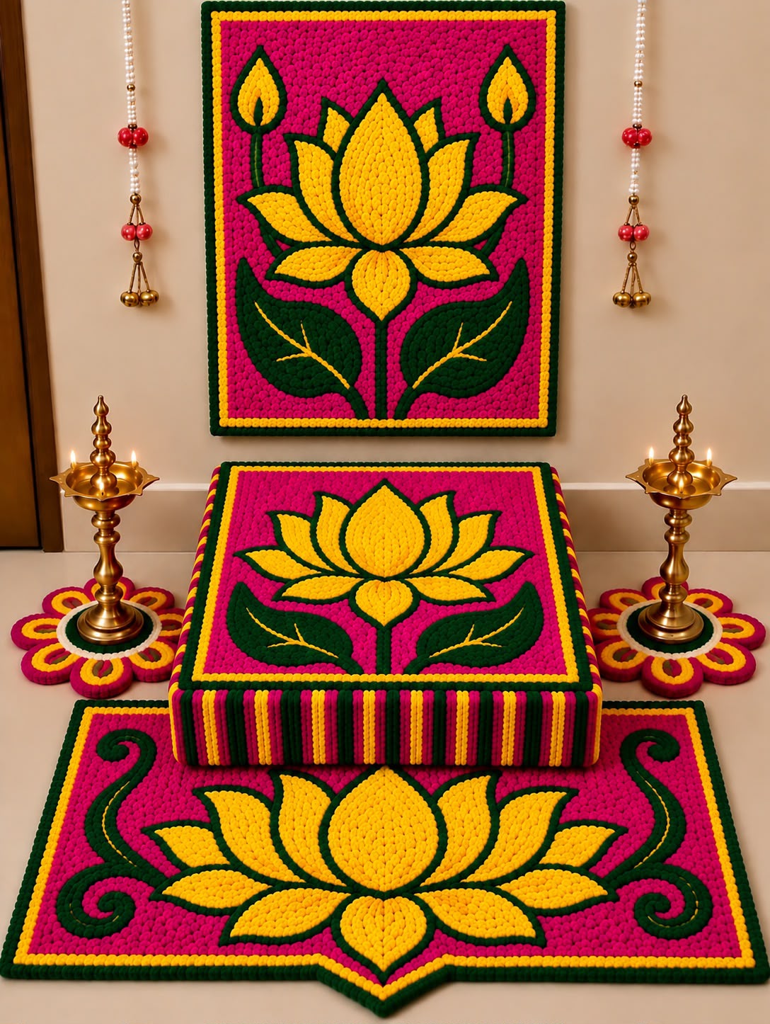 Kamal Mandap Yellow/Red lotus mandir decoration set – handcrafted fur yarn backdrop & chowki cover | Craft Decor